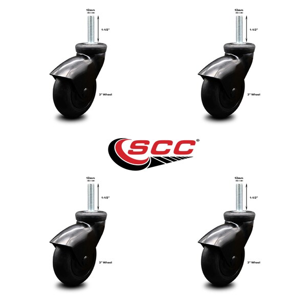 3 Inch Black Hooded Neoprene Rubber 12mm Threaded Stem Casters SCC, 4PK